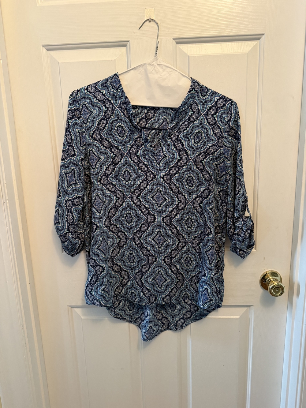 Pink Rose Blue Patterned V-Neck Roll-Tab Blouse